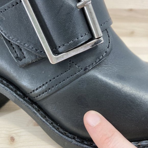 Frye Sabrina Double Buckle Black Leather Zipper Stacked Heels Mid Calf Boot 6M - Picture 11 of 16